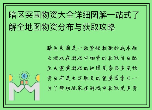 暗区突围物资大全详细图解一站式了解全地图物资分布与获取攻略